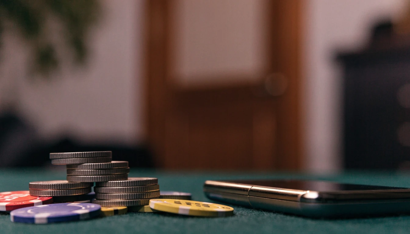 British pound coins and casino chips on green felt beside a face-down smartphone