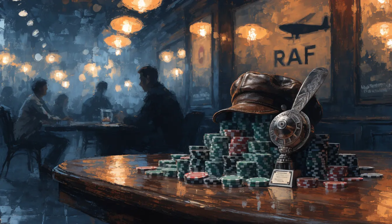 Atmospheric British casino lounge scene with vintage aviation memorabilia and scattered chips