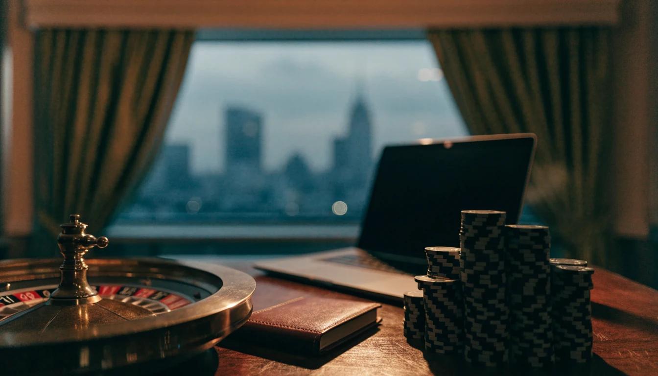 Elegant UK-themed online casino scene with chips and roulette on a desk