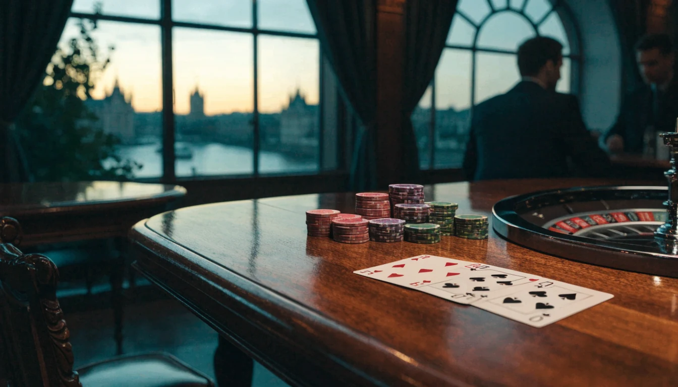 Elegant UK casino lounge with chips, cards, and roulette wheel, London skyline at dusk.