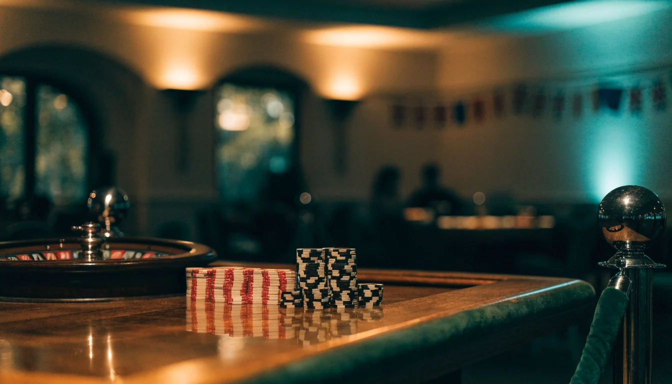 Stylish London casino lounge with roulette wheel and chip stacks at night