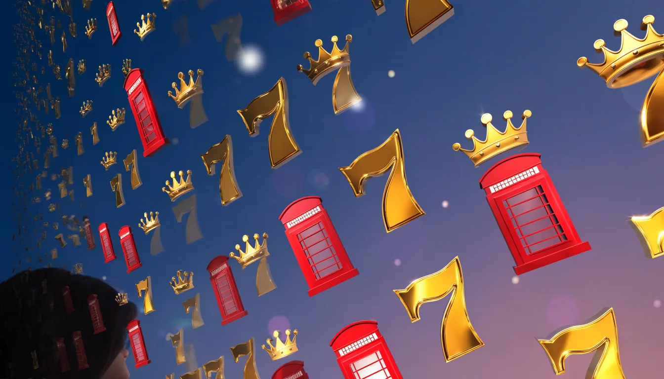 Cascading golden slot symbols falling dynamically against a blue and purple British-themed background