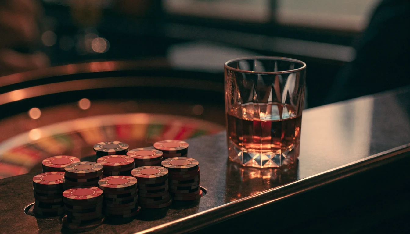 Moody casino scene with gambling chips and roulette wheel in warm lighting