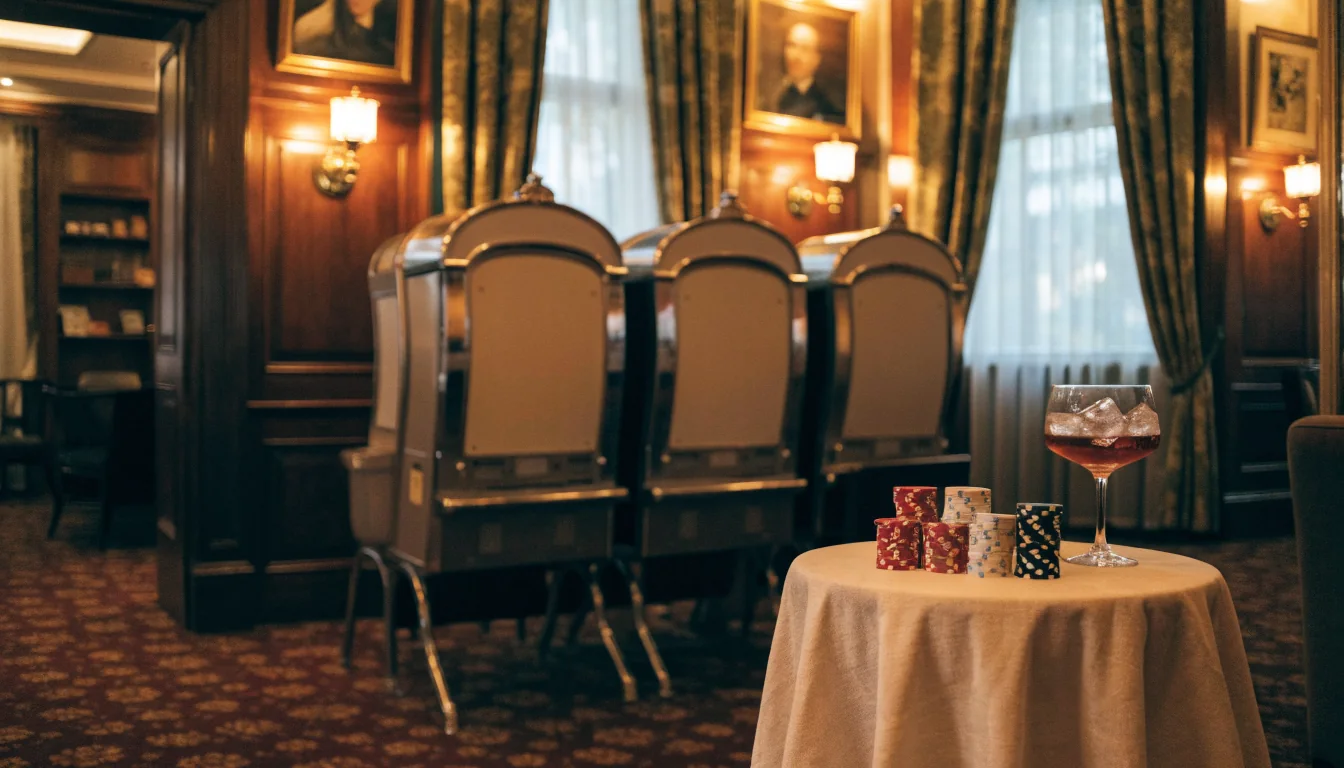 Classic British casino lounge with slot cabinets, warm ambient lighting and stacked chips on a side table