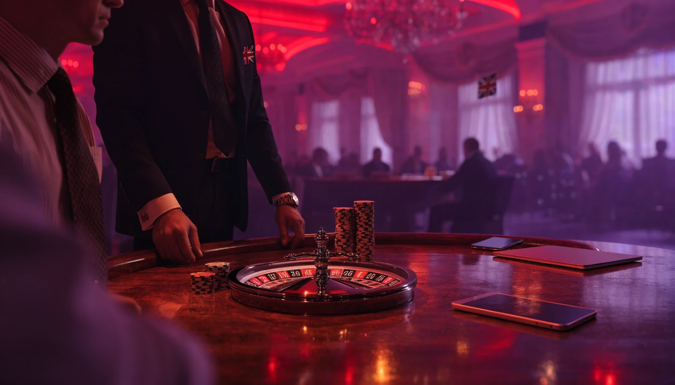 Elegant UK-themed online casino scene with chips, roulette wheel and devices