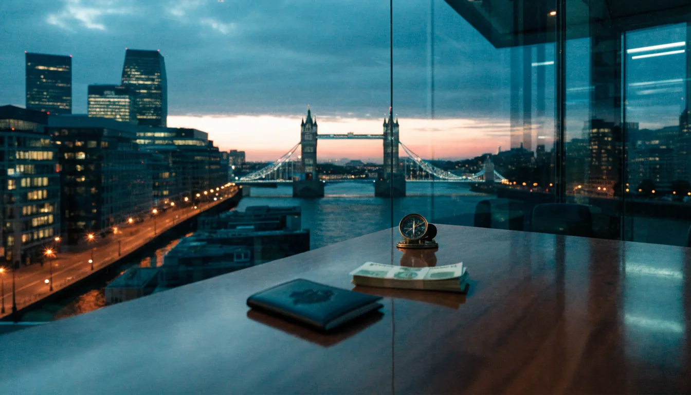 London skyline with desk items symbolising UK cross-border gambling decisions