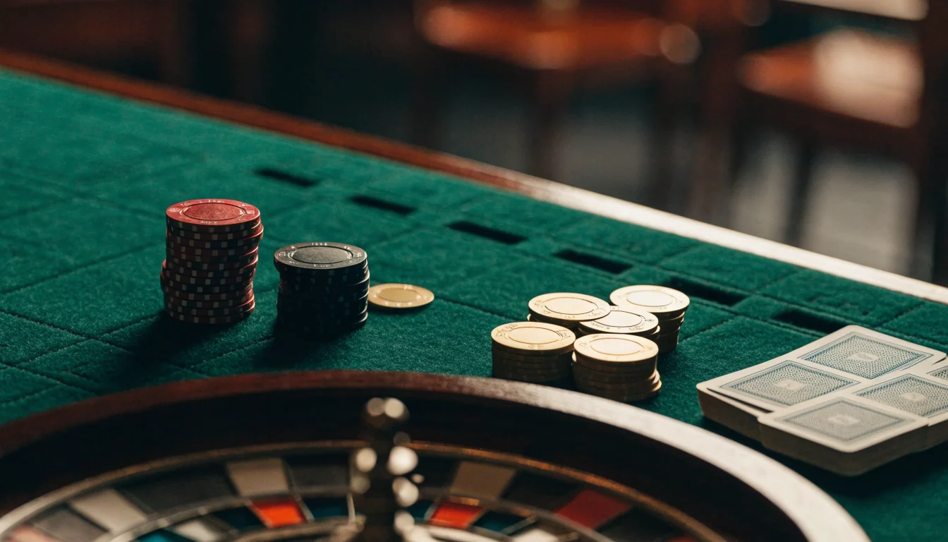 Casino chips, cards, and a roulette wheel on a green felt table in a British gaming room.