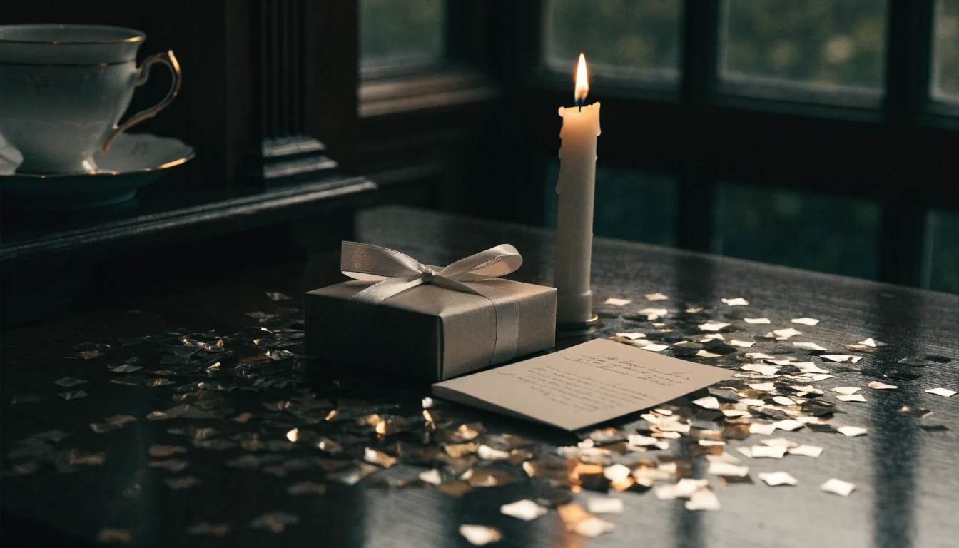 Wrapped gift, greeting card and lit candle on a dark table beside a teacup.