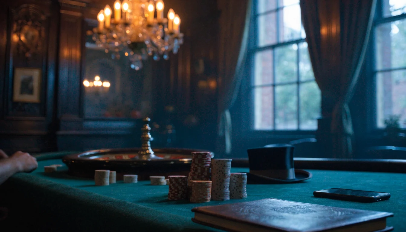 Dimly lit UK casino interior with card table, roulette wheel, chips, and face-down phone