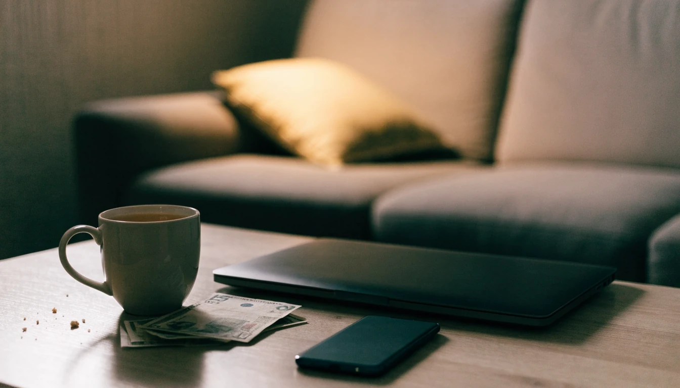 Closed laptop and face-down smartphone on a British living room coffee table with tea and pound notes.