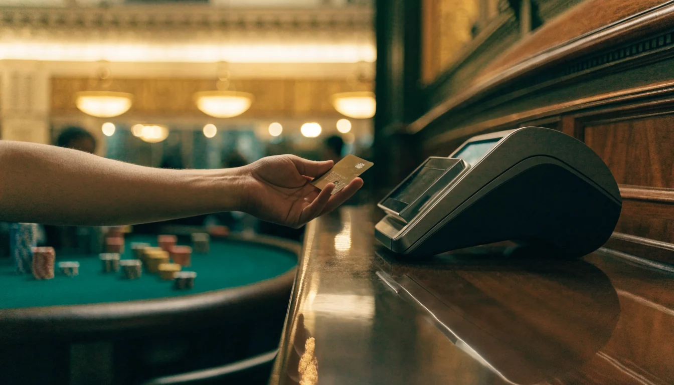 Elegant UK casino cashier counter with payment terminal and bank card in hand