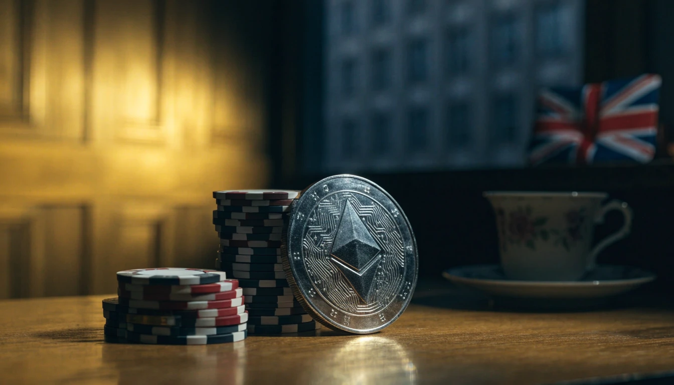 Casino chips beside an Ethereum coin on a wooden table with a British accent