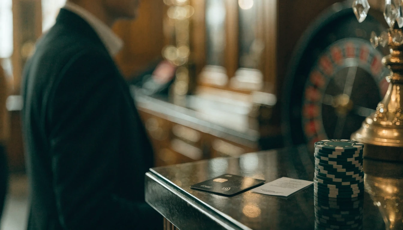Bank card and casino chips on a UK casino cashier counter