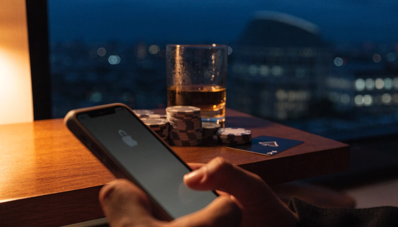 Hand holding a smartphone near casino chips and whisky with London skyline at night