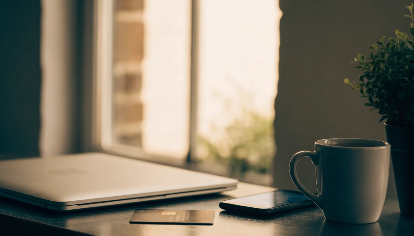 UK home desk with closed laptop, smartphone, coffee mug and a debit card
