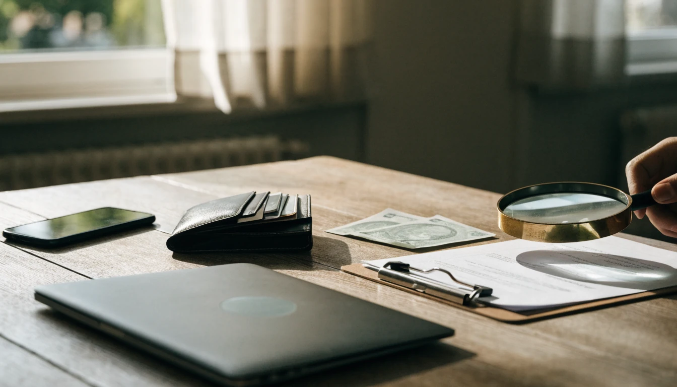 Closed laptop, wallet, and banknotes on a desk with a magnifying glass