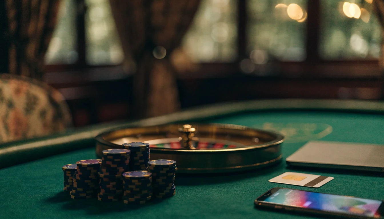 Casino chips, roulette wheel and a closed laptop with a payment card on a wooden table