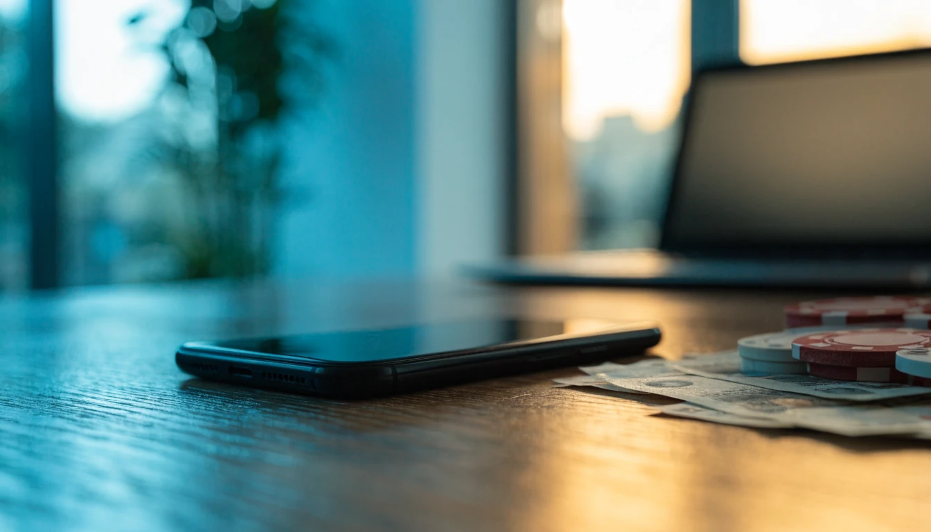 Smartphone face-down on a desk with pound notes and poker chips
