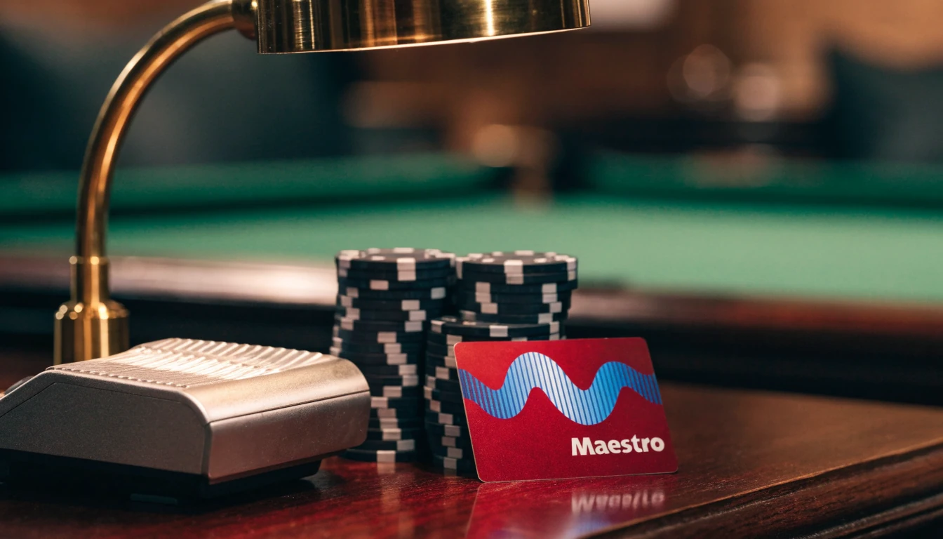 Maestro debit card beside casino chips on a dark club desk
