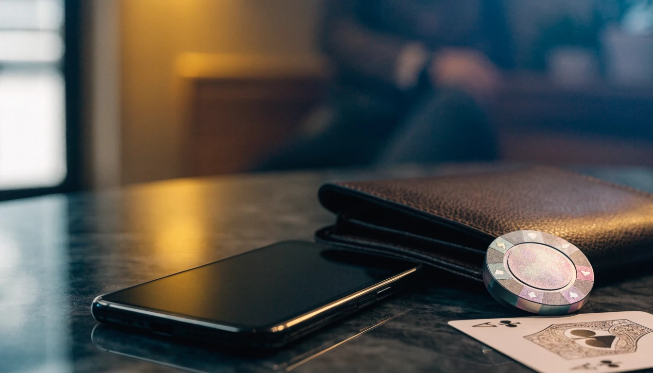 Smartphone and wallet on a dark table with a casino chip and playing card