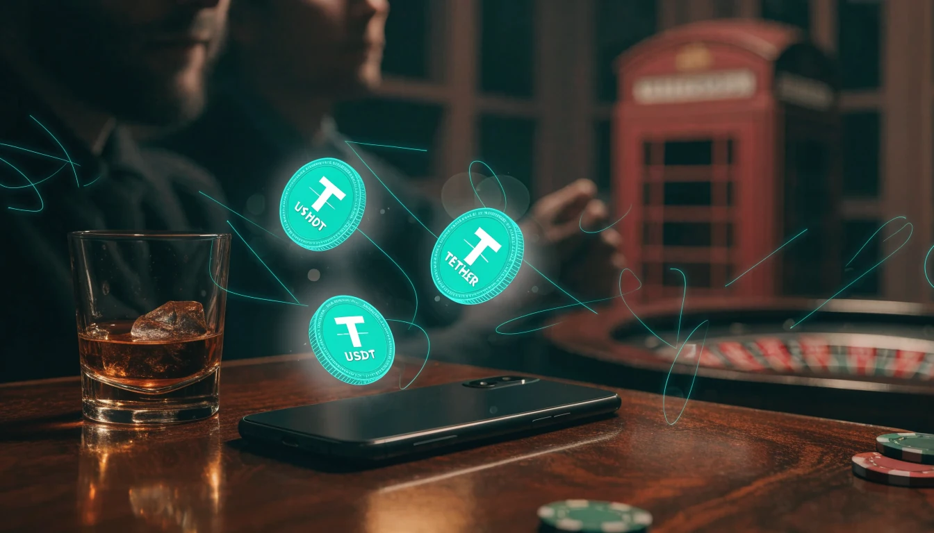 British casino scene with Tether cryptocurrency coins, chips, and roulette on a table