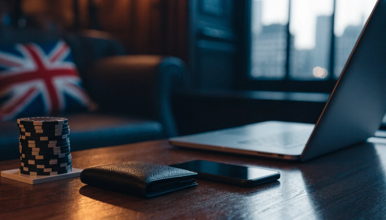 British casino table with chips, wallet, phone and laptop
