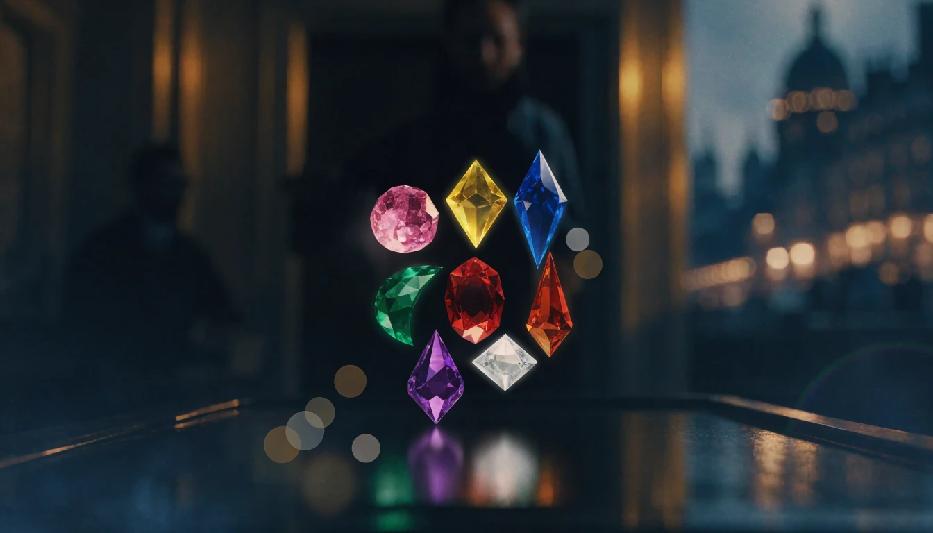 Illustration of clustered gem symbols glowing above a dim casino table