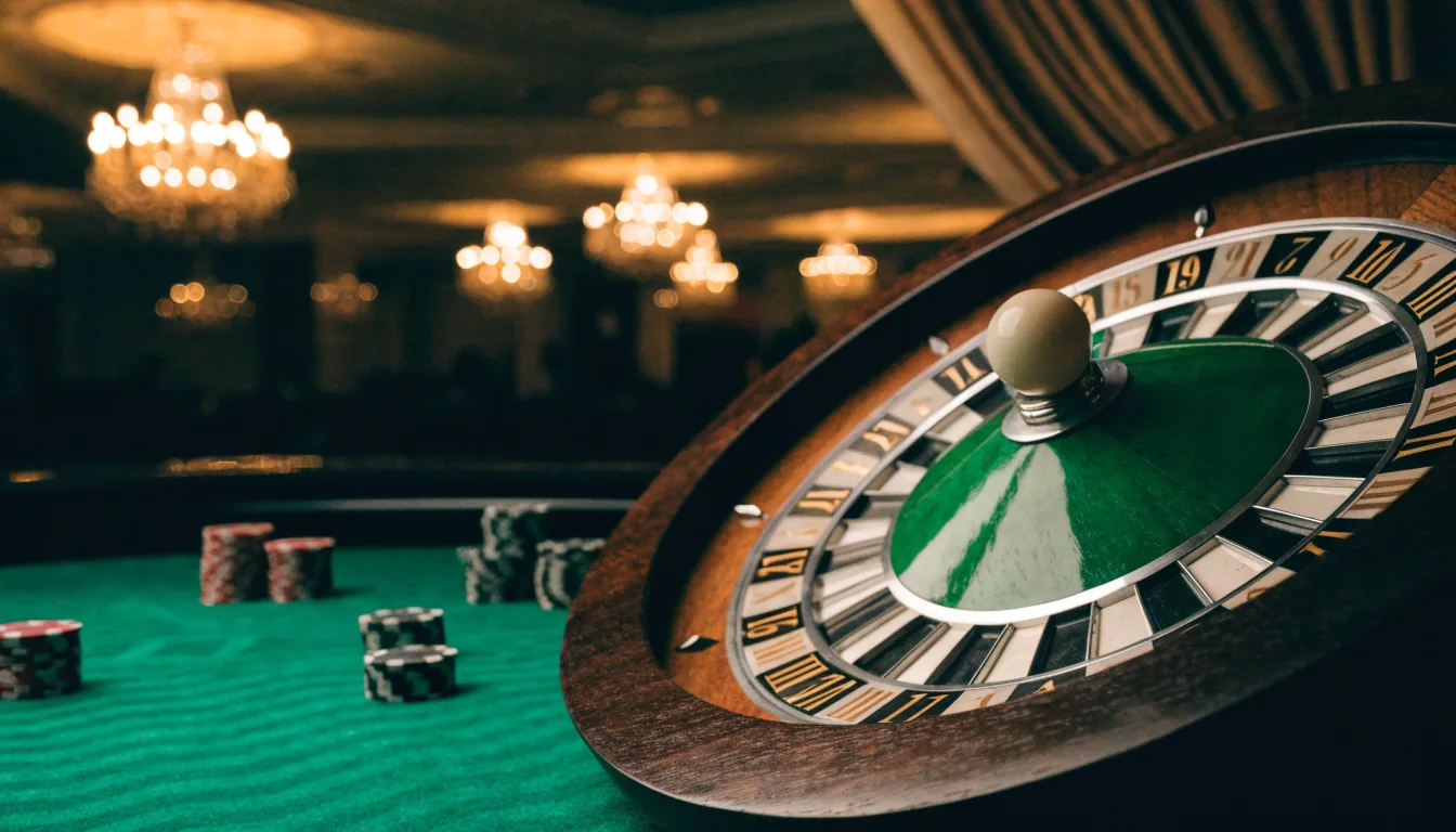 French roulette wheel with ball in zero pocket on a casino table in the UK