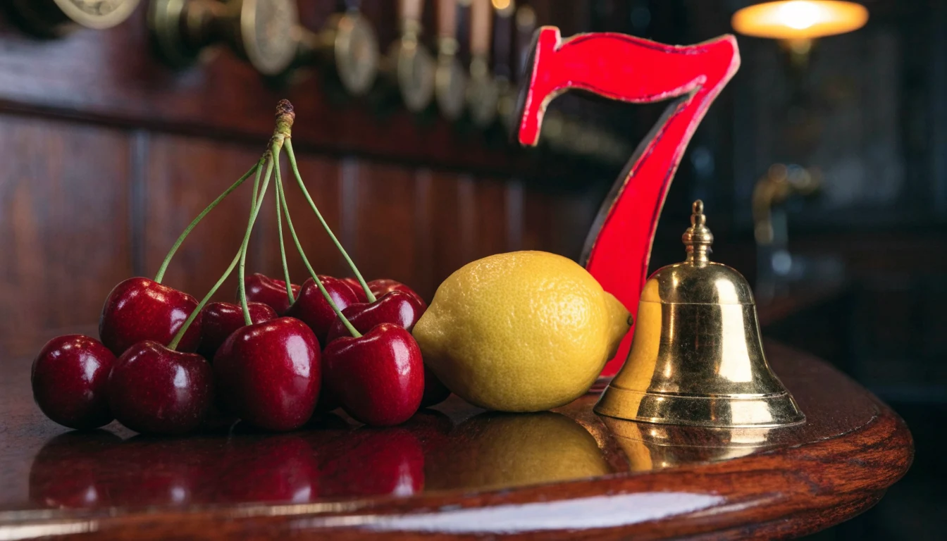 Classic fruit machine symbols arranged on a traditional British pub bar counter.