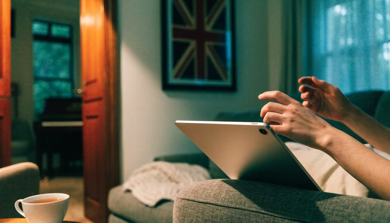iPad on a sofa in a cozy British living room, screen turned away from viewer.