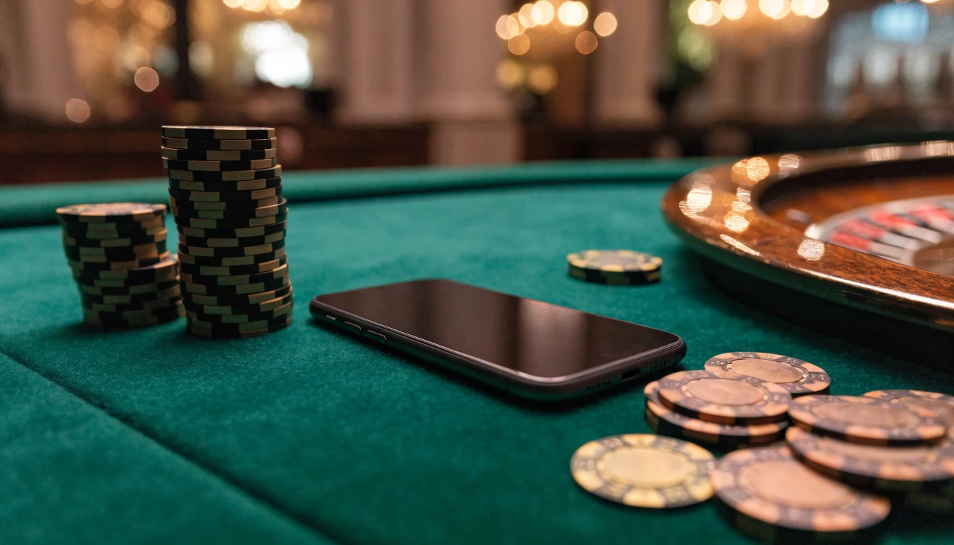 Smartphone face-down on a green felt casino table with gold chips and a roulette wheel