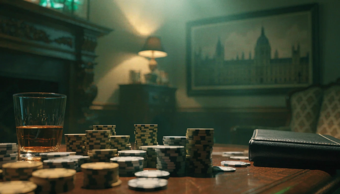 Dark casino table with chips, whisky, and British decor