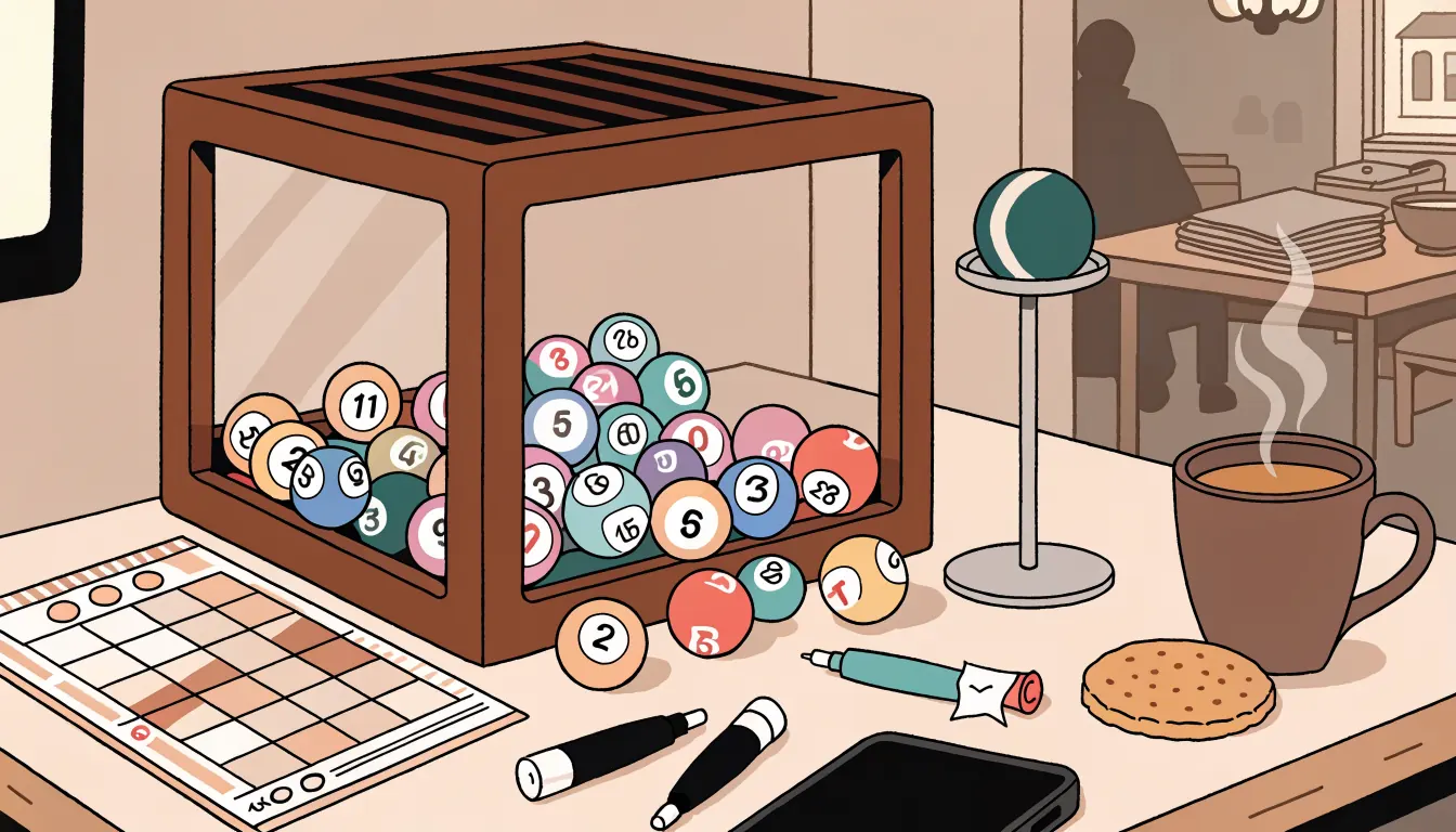 Illustration of a British bingo setup with a numbered ball cage, daubers, and tea