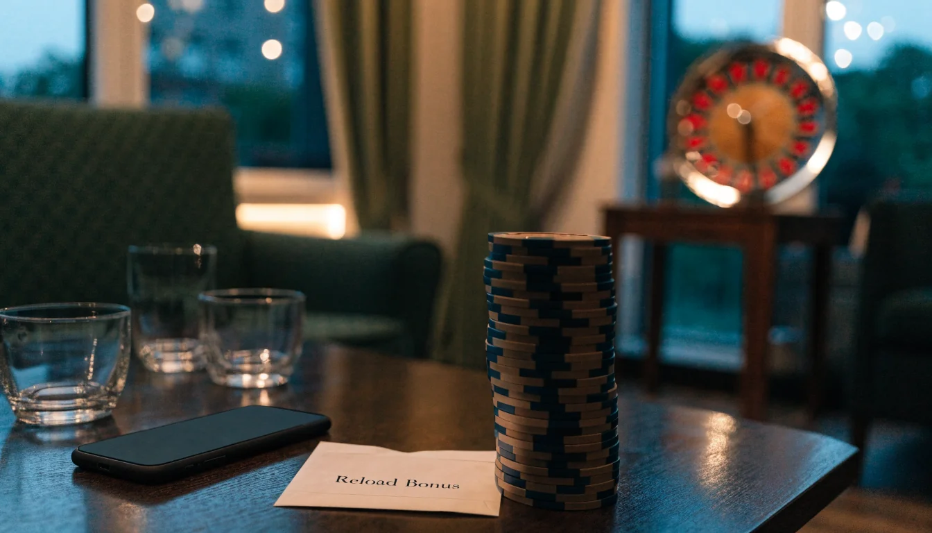 Casino chips and a closed envelope on a table in a UK home, suggesting a reload bonus offer.
