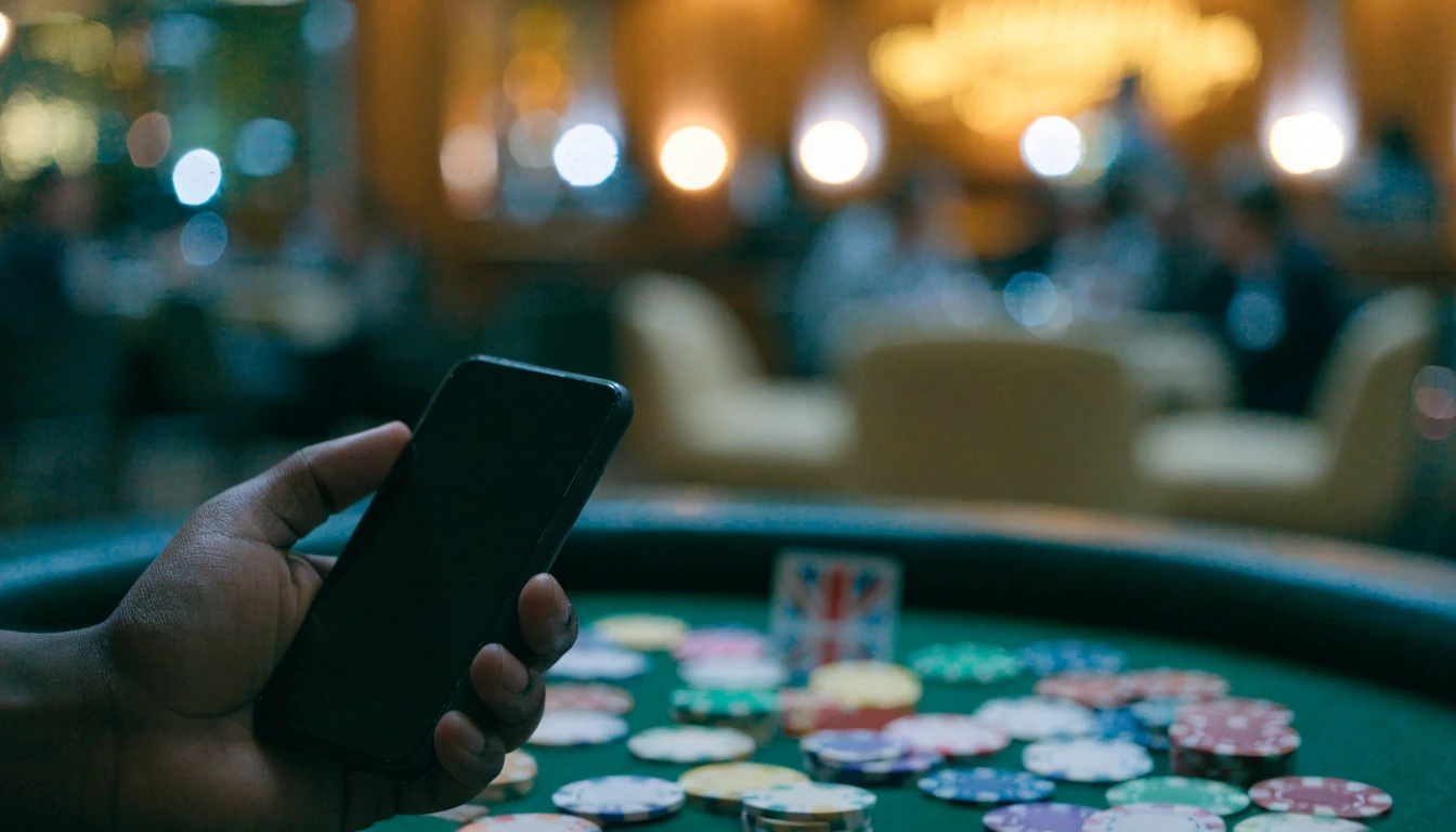 Hand holding a smartphone near poker chips at a UK casino table