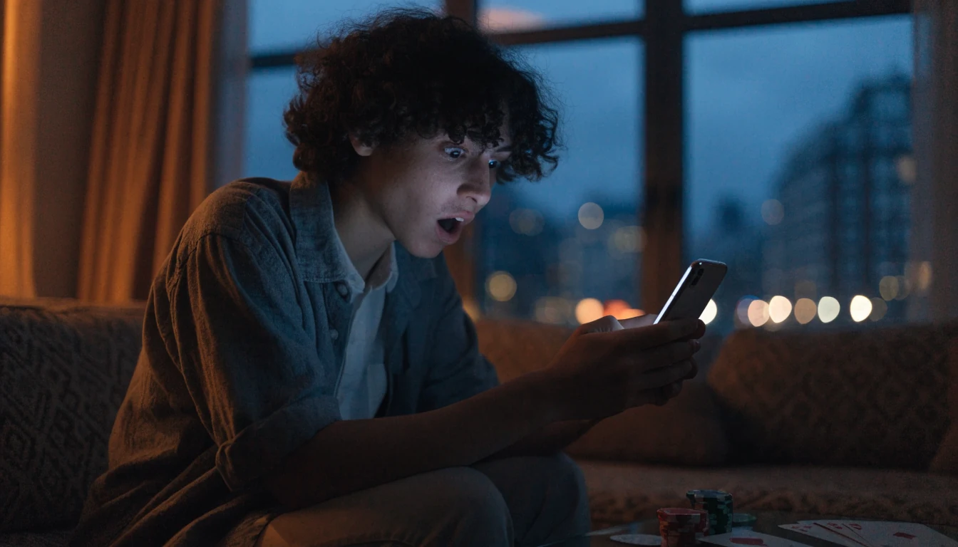 Person reacting to a smartphone notification with casino chips on a table.