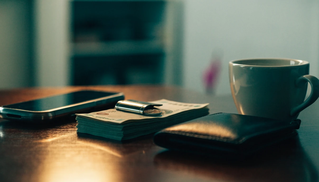 British pounds, smartphone and wallet on a dark desk