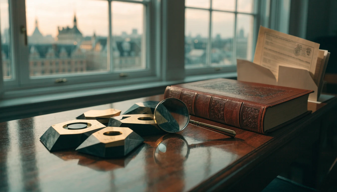 Magnifying glass examining crypto tokens beside legal documents on a desk with London skyline behind.