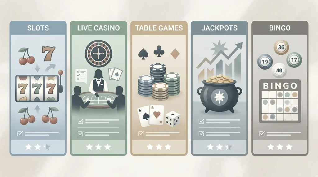 MrJones Casino games library overview with slots and live dealer areas